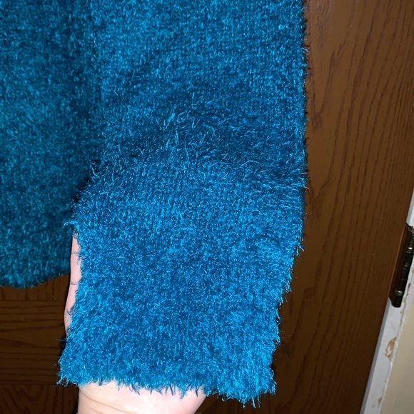 Molly & Isadora Vita Turtleneck Fuzzy Knit Pullover Sweater In Dark Teal - Picture 9 of 16